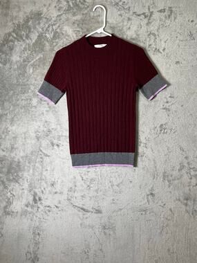 TOME Plum Ribbed Merino Wool Blend Short Sleeve Sweater Contrast Trim Size Small